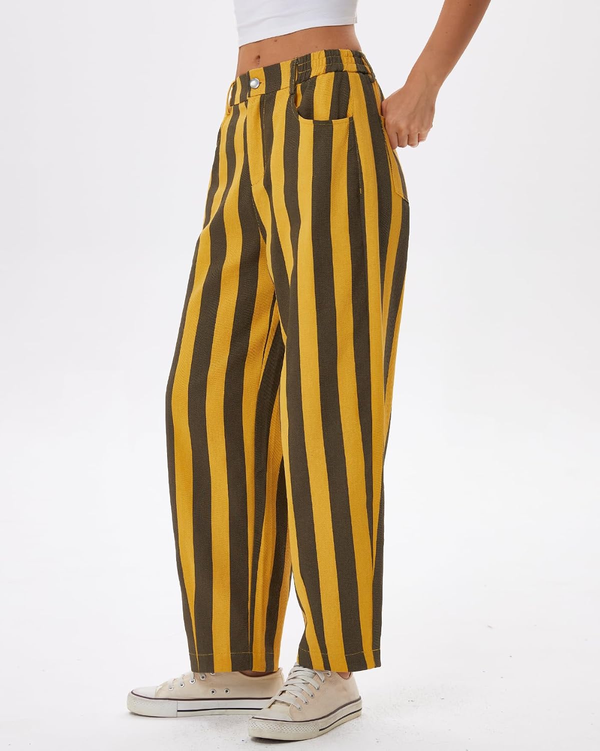 YEXPINE Women Striped Barrel Jeans Elastic Waist Baggy Wide Leg Cropped Ankle Boyfriend Y2K Casual Denim Ankle Pants