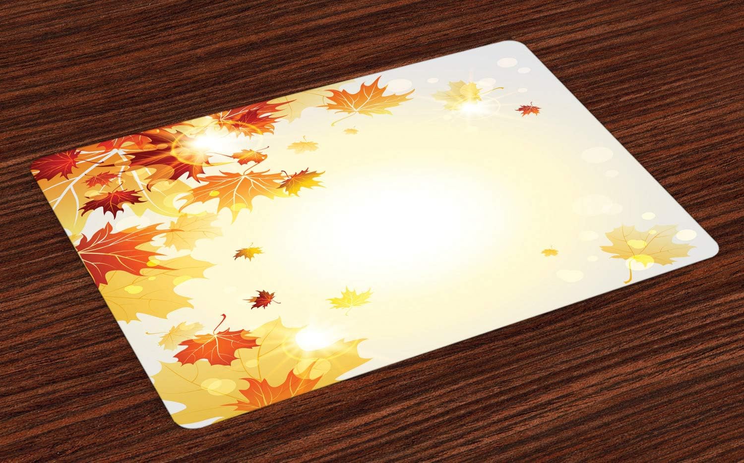 Ambesonne Autumn Place Mats Set of 4, Fall Season Composition with Flying Dried Maple Tree Foliage, Washable Fabric Placemats for Dining Table, Standard Size, Mustard Orange