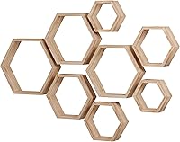 Vista 15 de WONFUlity - Estantes flotantes hexagonales, estantes de panal de madera estilo granja para almacenamiento, para baño, cocina, dormitorio, sala