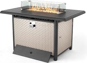 Rattan Fire Pit Table,40.5-inch Rectangle Grey Outdoor Companion,60000 BTU Auto-Ignition w Glass Wind Guard,Internal 20lb Propane Tank, Dust Cover Grey, Rattan