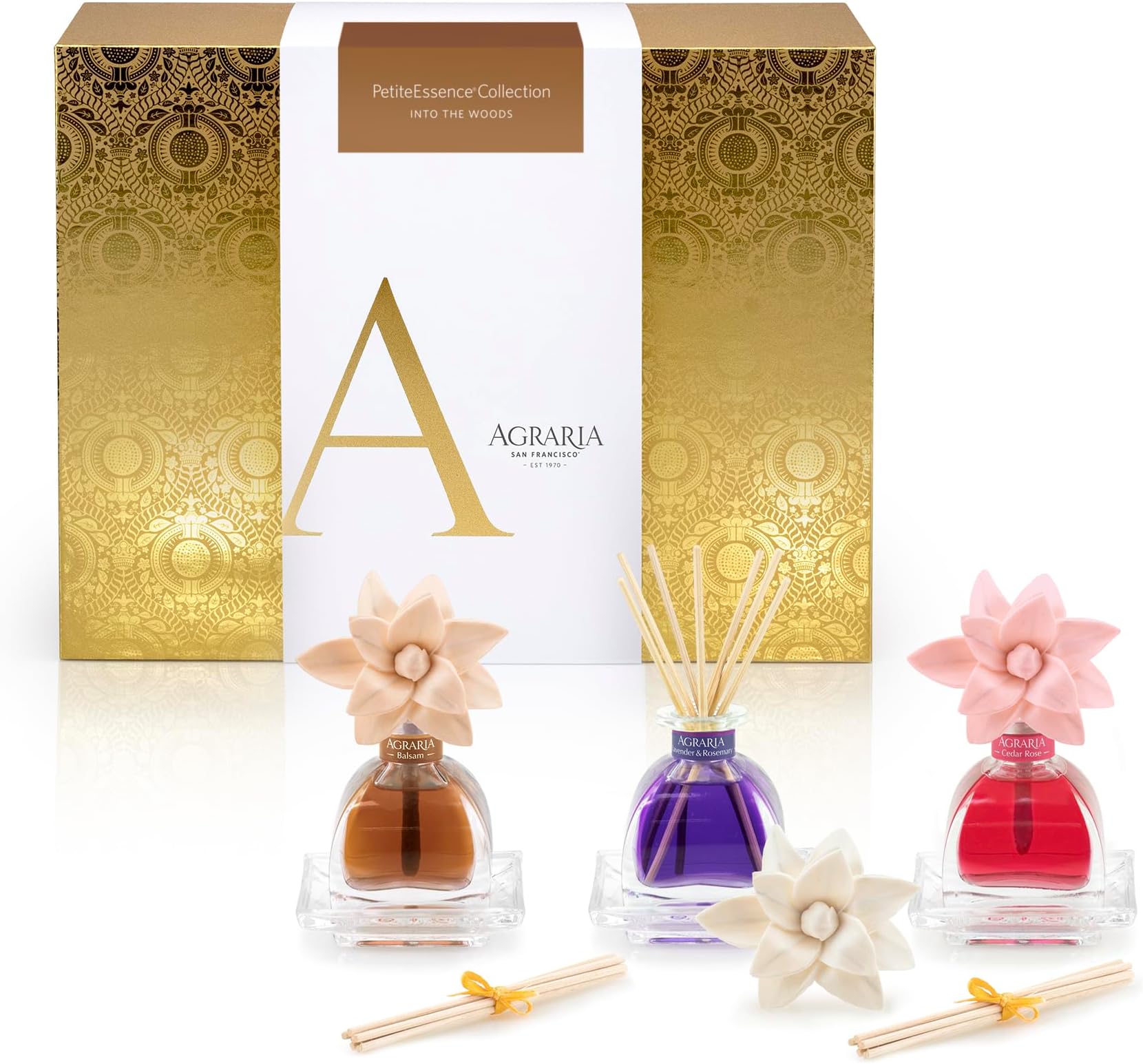 AGRARIA Into The Woods PetiteEssence Collection, Handmade Sola Flower Reed Diffuser Set of 3, Luxury Home Fragrance Scented Oil Diffuser Gift Set
