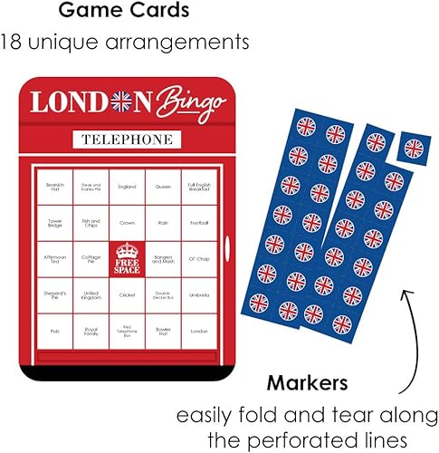 Miniatura 2 de Big Dot of Happiness Cheerio, London - Tarjetas de bingo y marcadores - Juego de bingo para fiesta británica del Reino Unido - Juego de 18