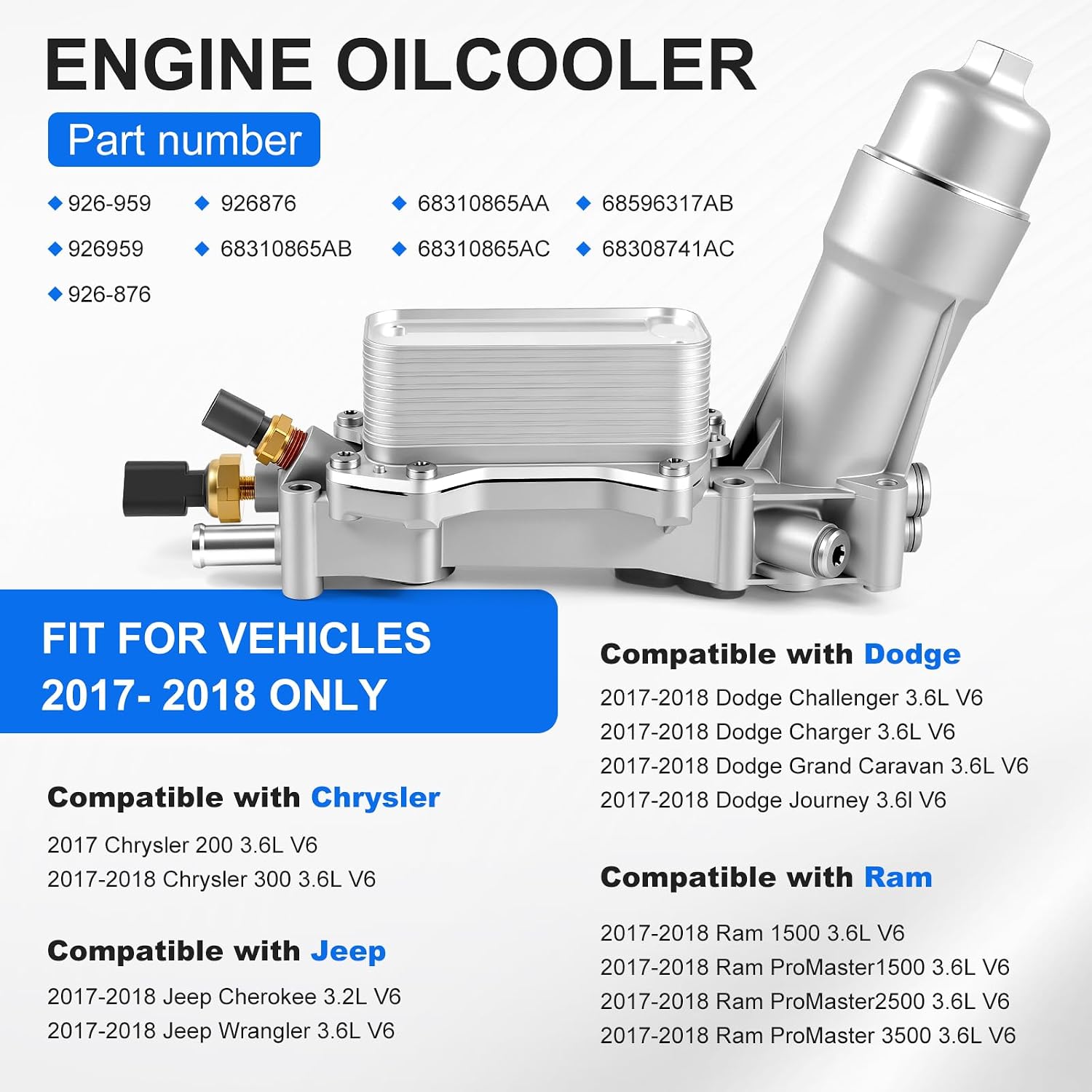 926-959 Upgraded Full Aluminum Engine Oil Filter Housing & Cooler Kit for 2017-2018 Jeep Wrangler/Grand Cherokee/Chrysler/Dodge/Ram 3.6L - Replace 68310865AB | Leak-Proof & High-Temp Resistant