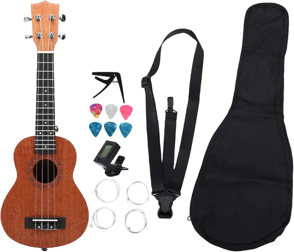 Eacam Ukulele de 21 Polegadas Em Mogno, Construção Em Madeira Maciça, Timbre Rico, Estojo Portátil, Afinador, Capotraste, Correia, Palhetas, Cordas Extras, Cordas de Nylon Resiste