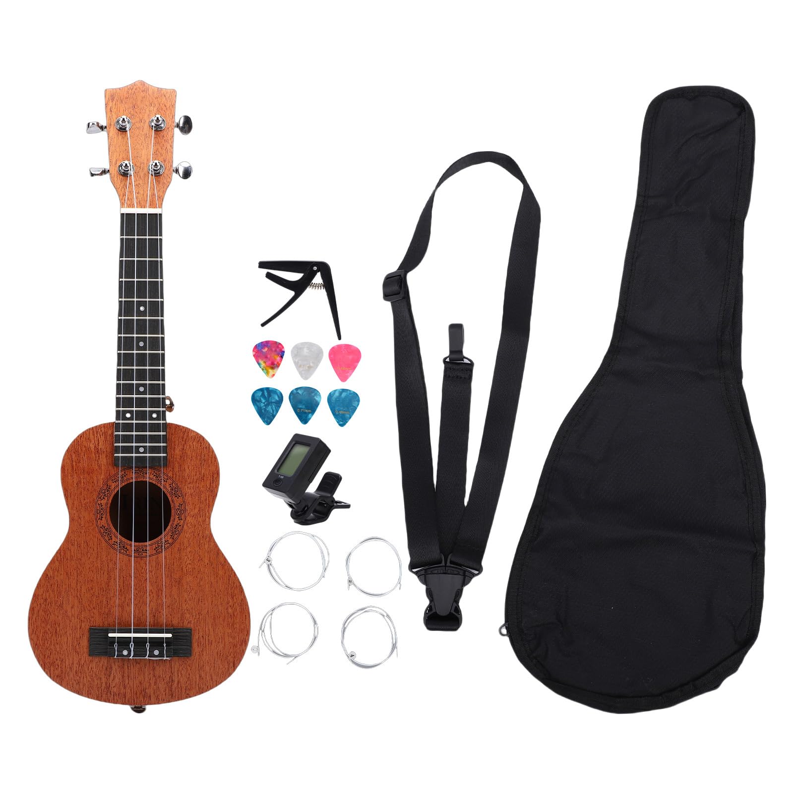 POENVFPO Ukulele - Kit per principianti a 4 corde in legno massello di mogano da 21 pollici, con borsa tote e sintonizzatore per bambini e adulti
