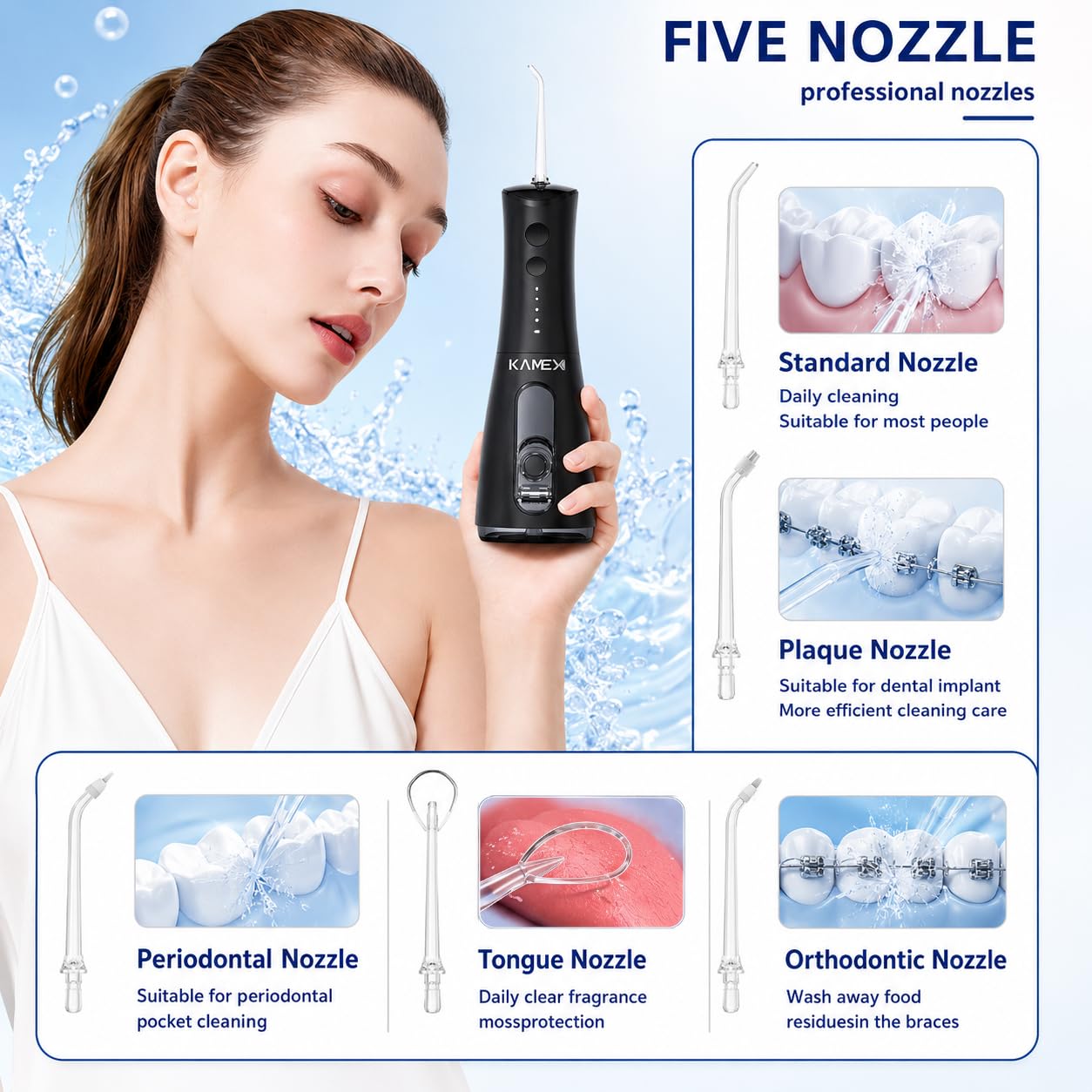 KAMEX Idropulsore dentale senza fili per la pulizia dei denti: irrigatore orale portatile con serbatoio da 300 ml, 4 modalità di pulizia, ricaricabile IPX7 impermeabile da viaggio per gengive