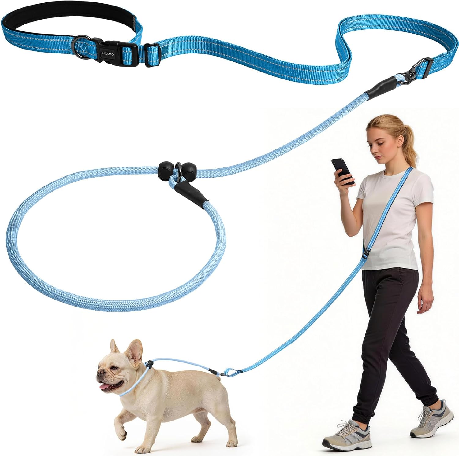 Kazazoo Slip Lead Dog Leash, Hands-Free No Pull Training Leash with Padded Handle for Medium Large Heavy Duty Dogs, Blue