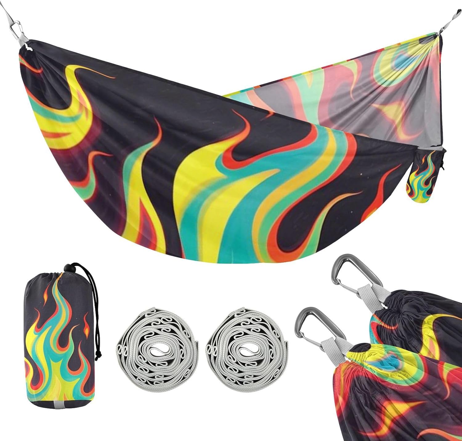 Black Fluorescent Cool Flame Color Hammocks with Tree Straps Fabric Hammock for Outside Camping Essentials