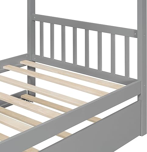 Miniatura 35 de Cama de casa completa con 2 cajones de almacenamiento, marco de cama matrimonial para niños con rieles y techo, cama de tienda, cama de día completo