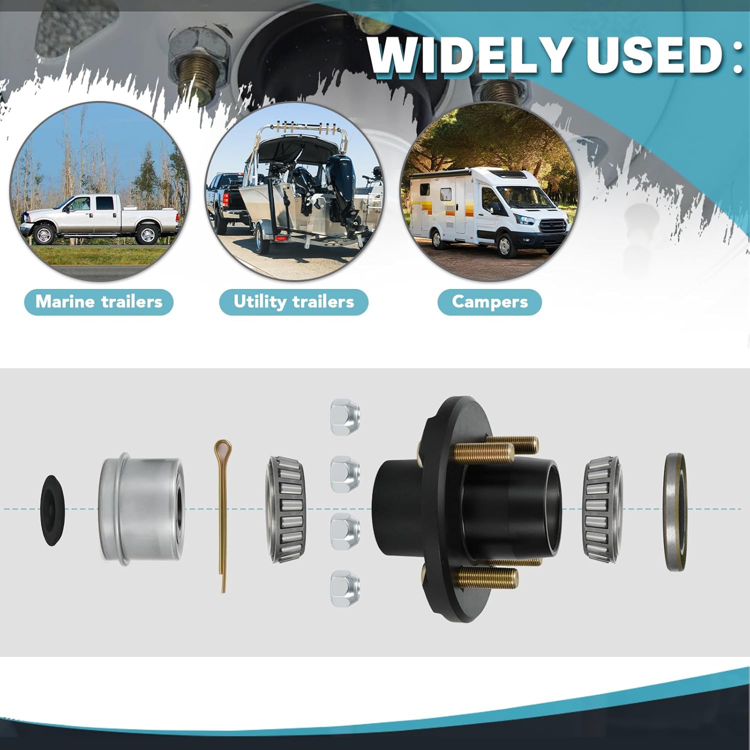 PTNHZ 2 Set 4 Bolts 4" Trailer Hub Kit 4x4 Trailer Axle Kit for 2000 lb 4 Lug Trailer Hub, Fits 1" & 1-1/16" Straight Spindle w/ L44649 & L44643 Bearings, Dust Cap, Rubber Plug