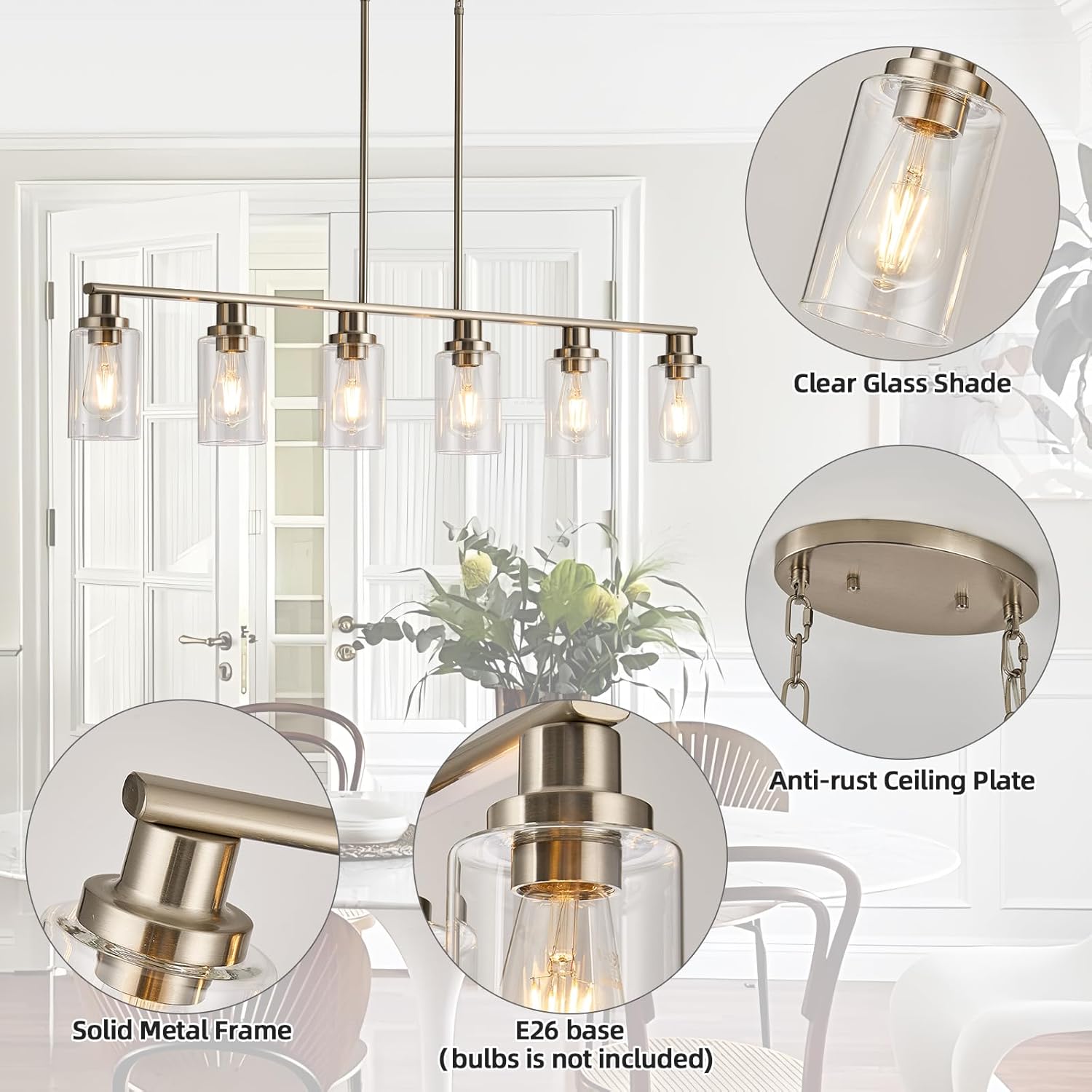 Dining Room Light Fixtures Over Table,6-Light Farmhouse Kitchen Island Lighting,44.3'' Linear Chandelier Pendant Lighting for Kitchen Island for Brushed Nickel Finish with Clear Glass Shade