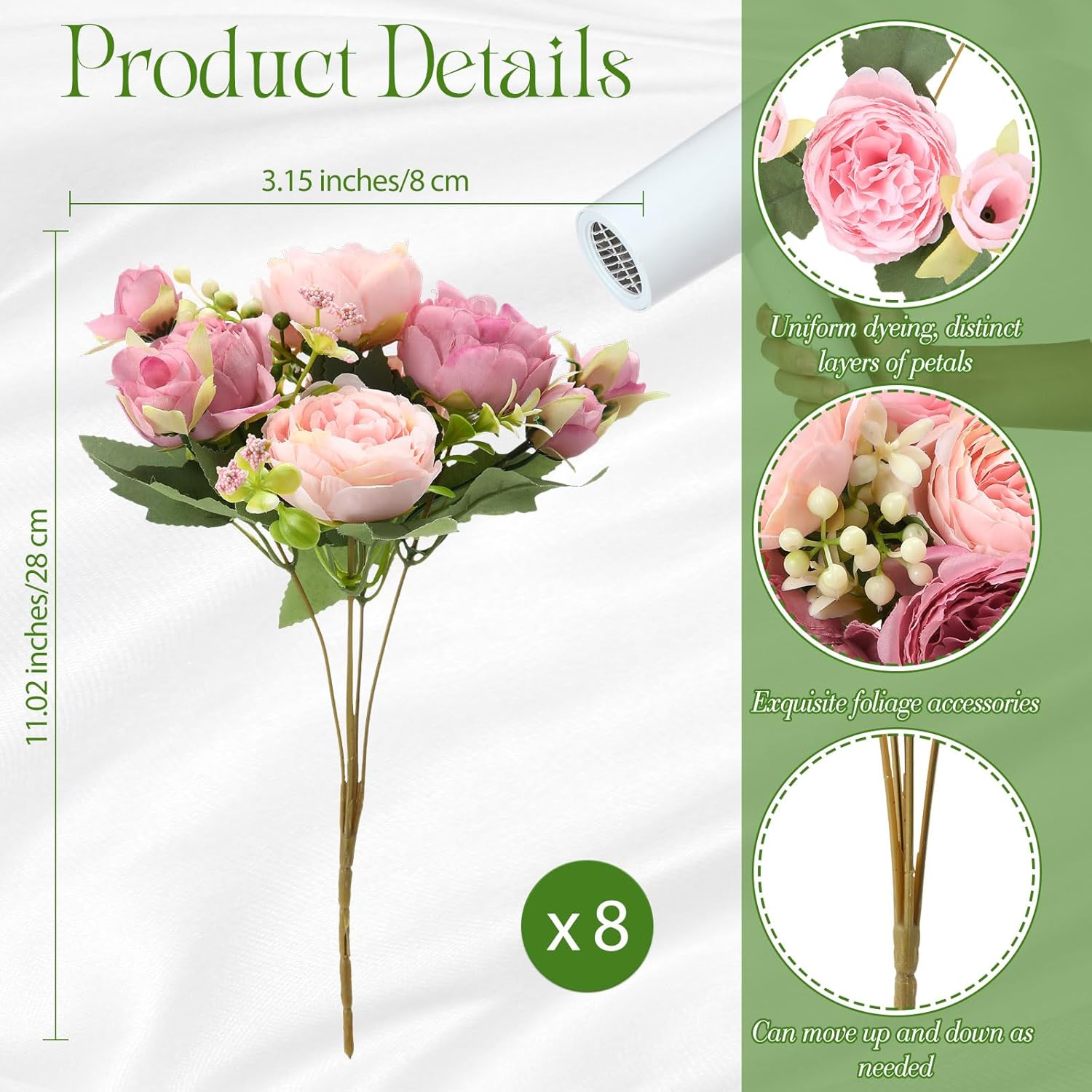 Geosar 8 Bundles Artificial Peonies Flowers Fake Silk Peony Bouquet Faux Peonies Flowers Bulk for Decoration Vase Floral Arrangements Wedding Party Table (Russet Red,Light Pink)