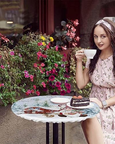 Miniatura 4 de Mantel redondo ajustable de gnomos de Navidad, para invierno, Navidad, bosque de pájaros y granero rojo nevado, impermeable, para interiores y