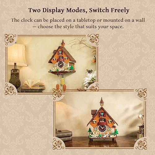 Miniatura 5 de PANTASY Juego de bloques de construcción de reloj de cuco, diseño vintage de chalet, modelo de reloj de pared mecánico de trabajo real con cuco