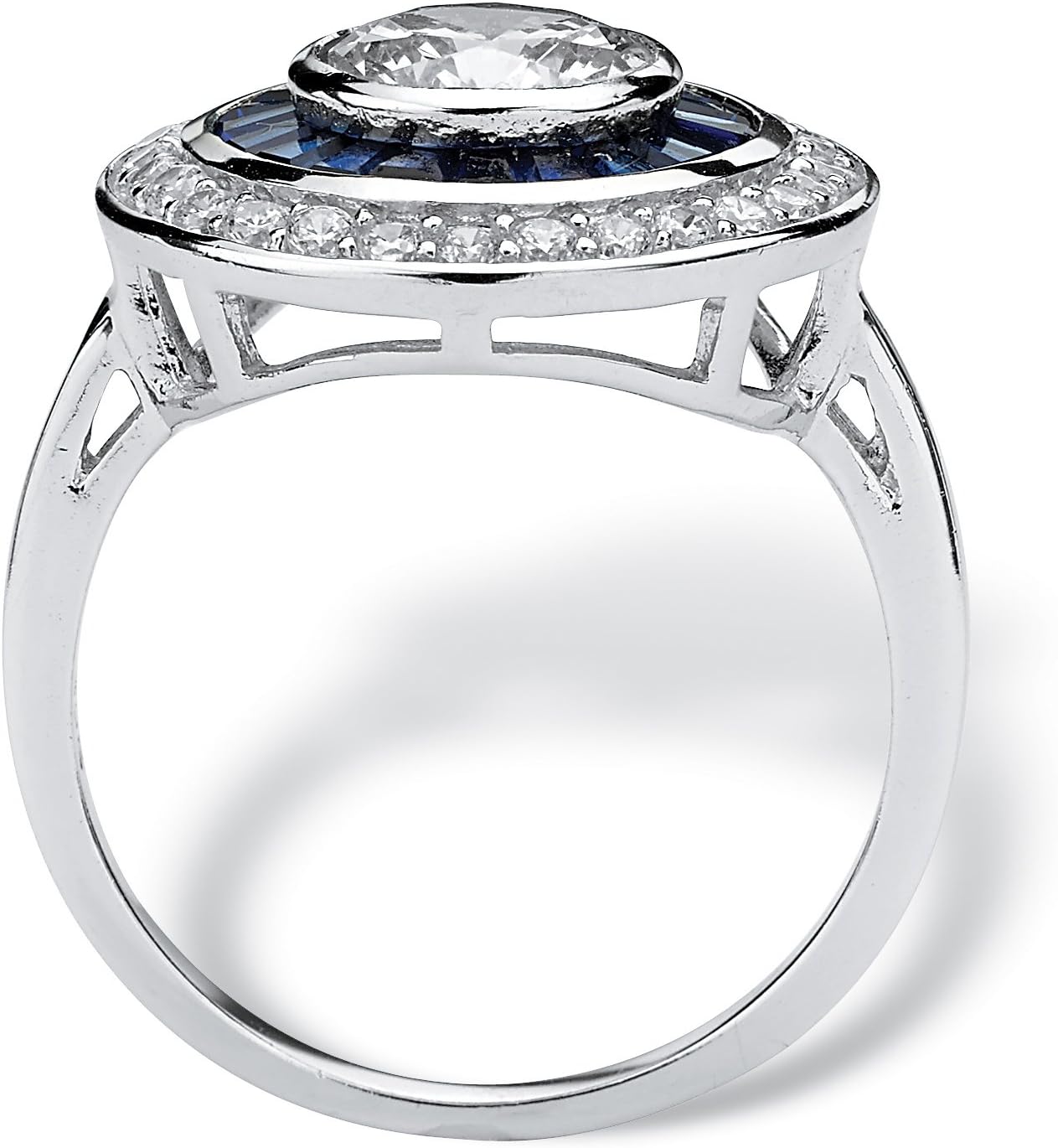 Palm Beach Jewelry Platinum over Sterling Silver Round Cubic Zirconia and Baguette Blue Sapphire Art Deco Circle Ring - Image 2