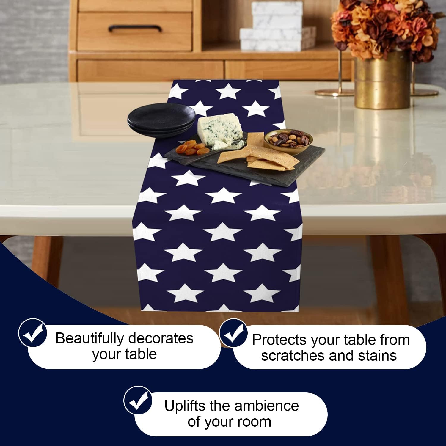 Fabric Textile Products | Navy Freedom Stars Tablerunner | 4th of July Table Decor | 12" x 72" | Machine Washable and Stain-Resistant for Easy Care | Made in The USA