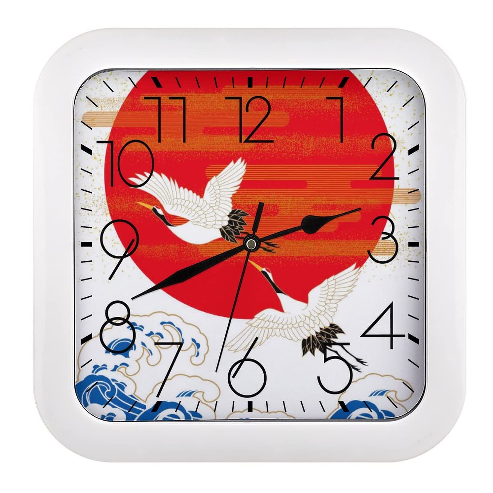 Horloge murale carrée grue au coucher du soleil grands chiffres déco salon chambre 26x26cm