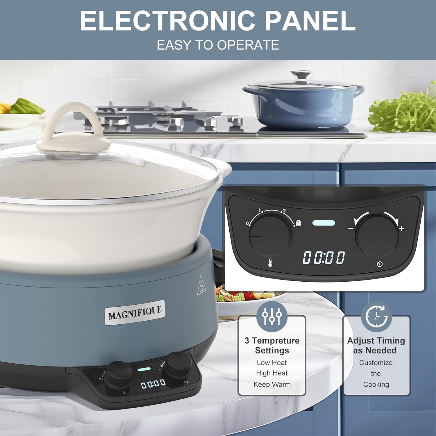 MAGNIFIQUE Small 5 Quart Round Casserole Programmable Slow Cooker with Glazed Ceramic Liner, Food Warmer Perfect Kitchen Small Appliance for Family Dinners, Blue