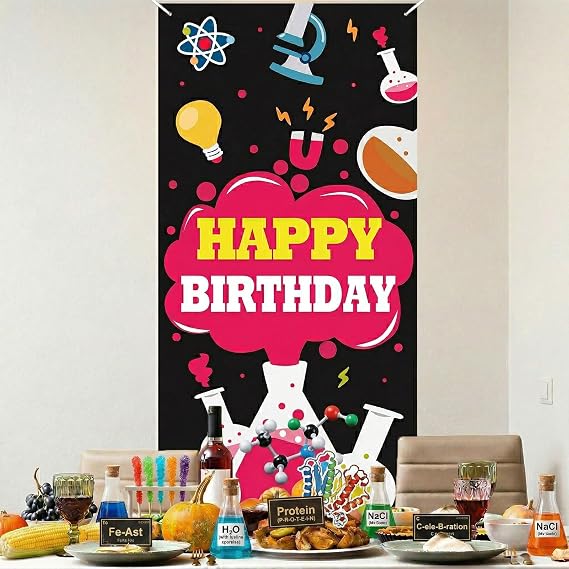Science Happy Birthday Black Banner Backdrop Background Photo Booth Props Chemistry Theme Decor for School Laboratory Boy Girl Birthday Party Favors Supplies Decorations