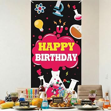 Science Happy Birthday Black Banner Backdrop Background Photo Booth Props Chemistry Theme Decor for School Laboratory Boy Girl Birthday Party Favors Supplies Decorations