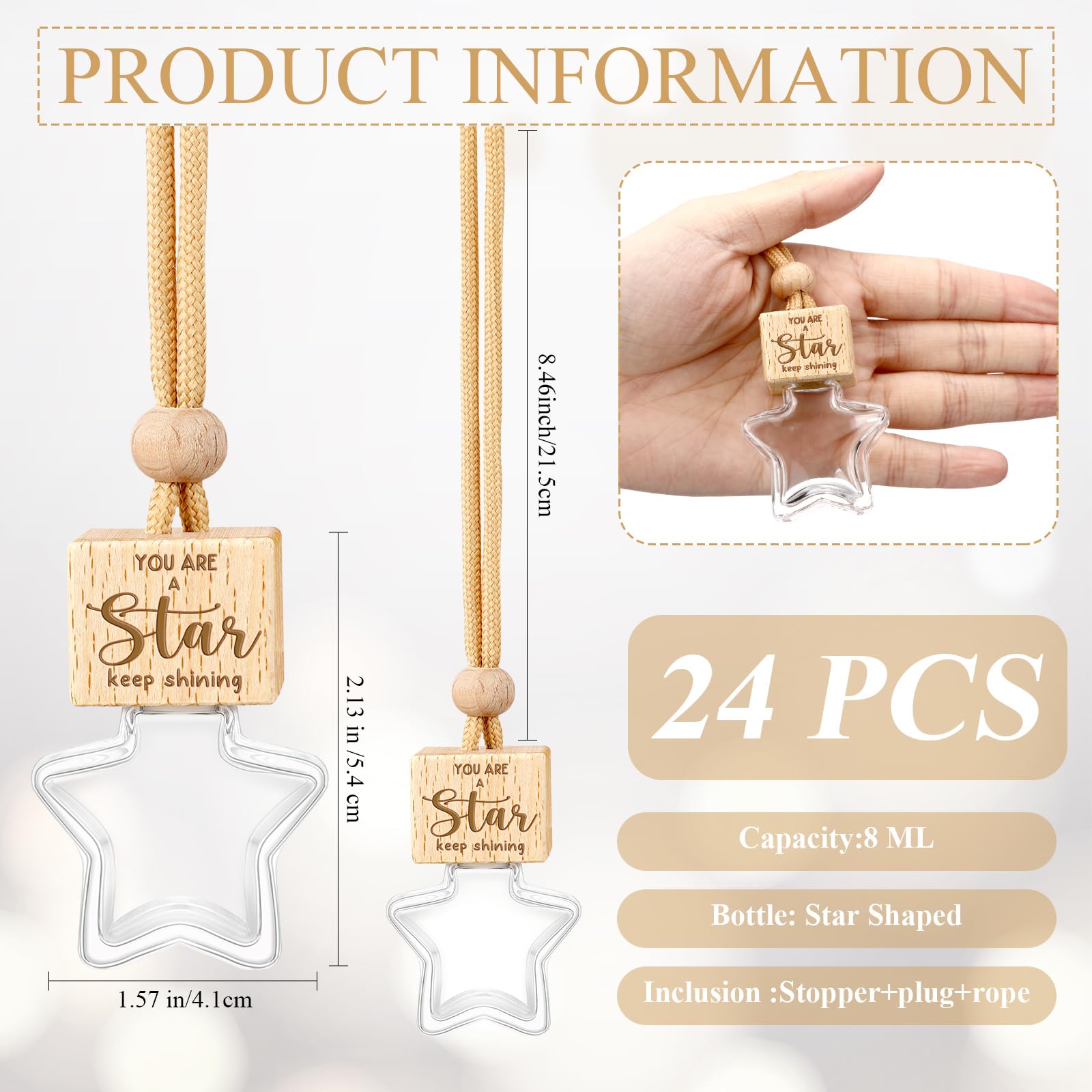 24 Pcs Appreciation Gift for Back to School Car Diffuser Air Freshener Ornament Hanging Inspirational Empty Glass Essential Oil Bottle Thank You Gift for Students Teacher Nurse Employee(Star,24 Pcs)