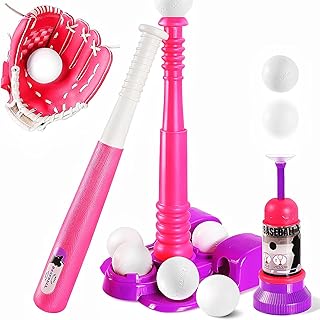 Erixazs Tball Set for Kids, Pink T Ball Sets for Toddlers 1-3 Girls, Baseball Toys with 6 Balls/Glove/Pitching Machine/Bat/Tee, Outdoor Sports Gifts for Girls(Pink)