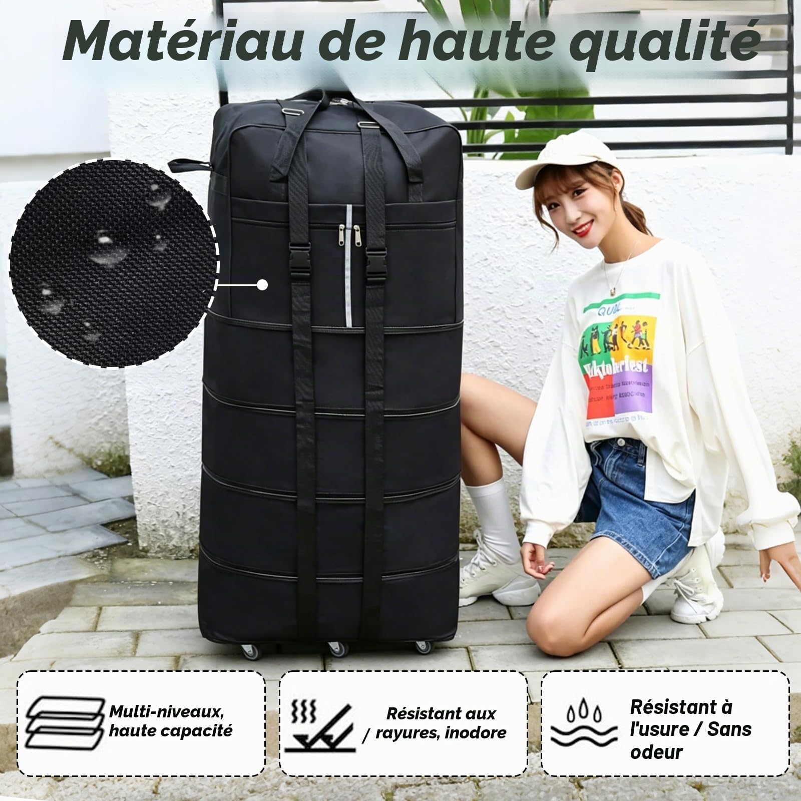 Sac de Voyage Pliable à roulettes, 110cm Extensible Sac Voyage Grande Taille avec roulettes et Bandoulière, Rangement pour Homme Femme 110 x 52 x 30 cm