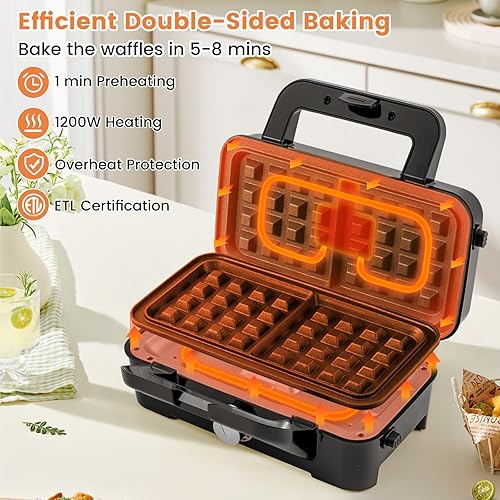 Miniatura 4 de COSTWAY Máquina de gofres de 1200 W con platos antiadherentes extraíbles, prensa Panini Grill con control de temperatura de 5 engranajes,