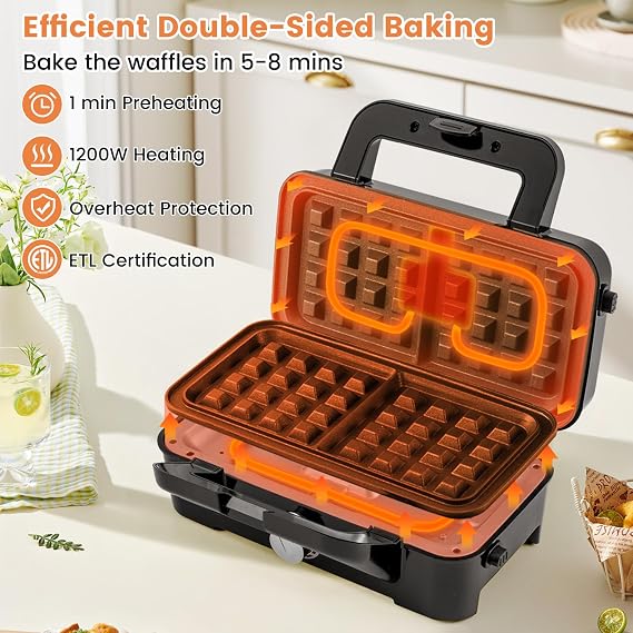 COSTWAY 1200W Waffle Maker with Removable Non-Stick Plates, Panini Grill Press with 5-Gear Temperature Control, 3-in-1 Sandwich Maker for Breakfast