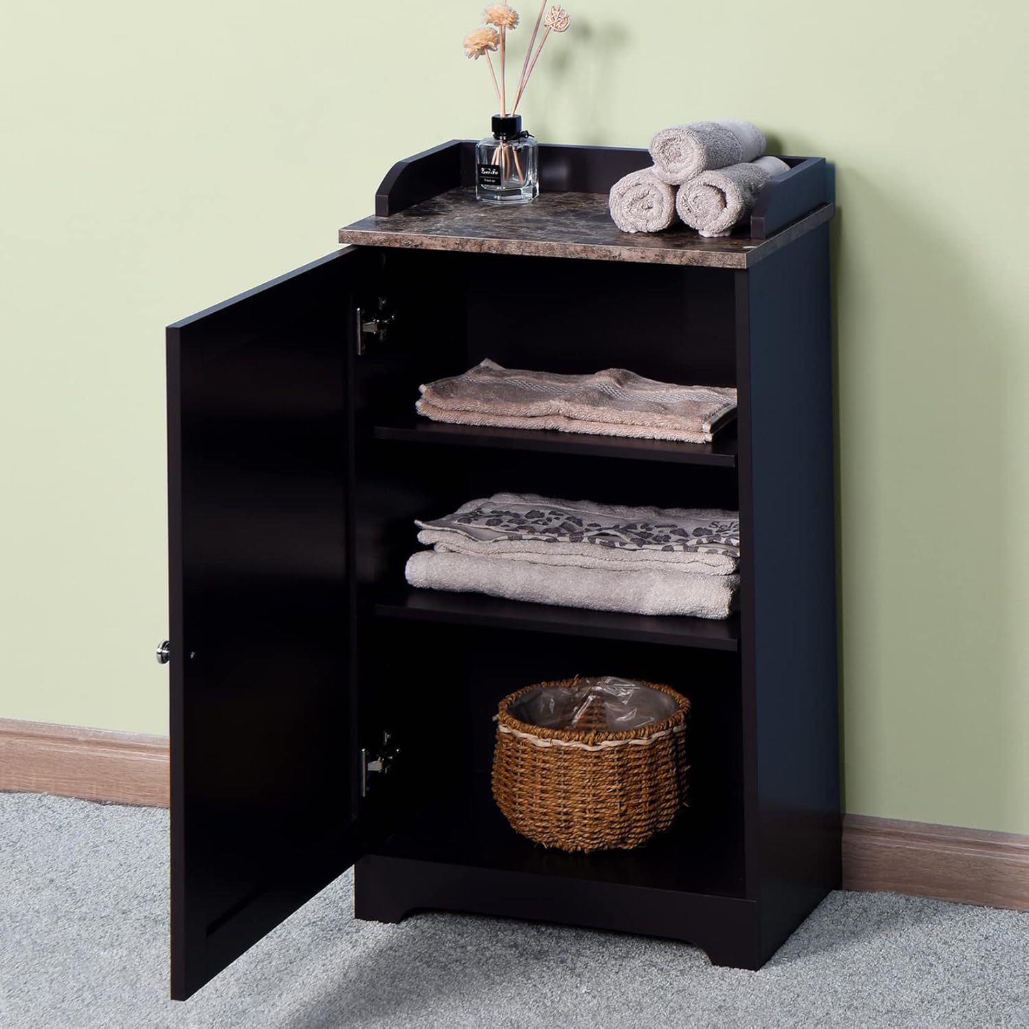 Bathroom Storage with Doors, Freestanding Floor Organizer, Wooden Ultrathin