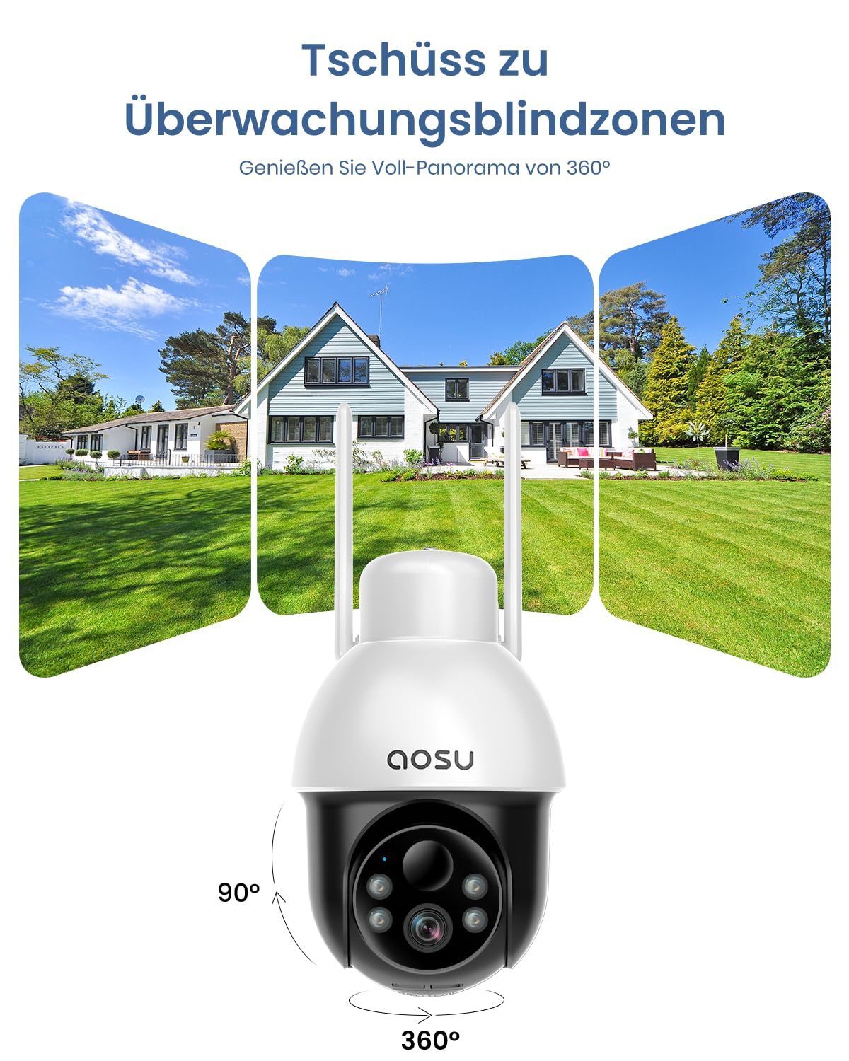 aosu 2K Überwachungskamera Aussen Solar Akku, 3MP 360° PTZ & KI, PIR | 360° PTZ, Licht- und Tonalarm, 2-Wege-Audio, Automatischer Personenverfolgung, Nachtsicht, IP65, Automatische Verfolgung