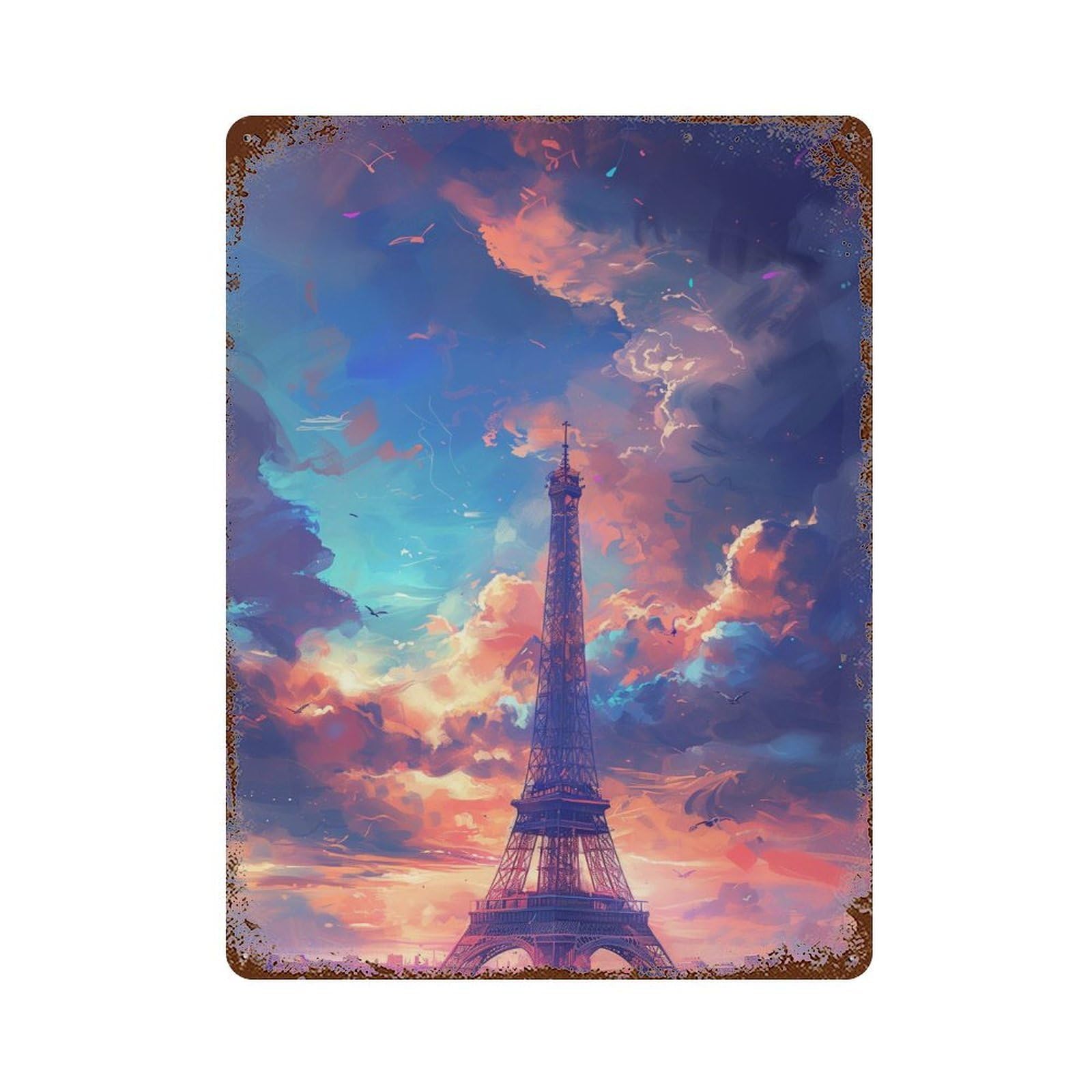 Eiffel Tower Sunset Painting Weathered Tin Sign 15.7"x11.8", for Shed, Workshop And Garage Wall Decor, Decorative Metal Wall Art