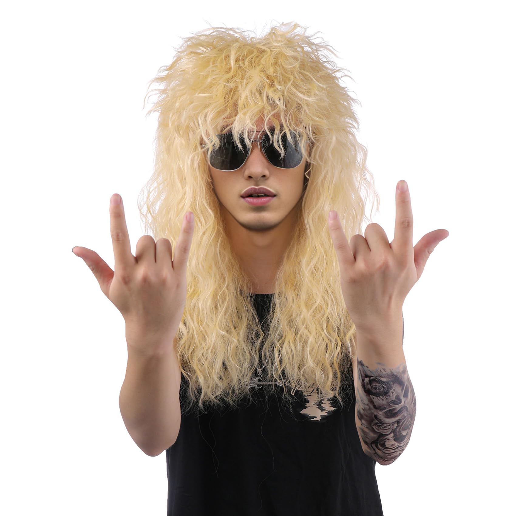 MUPUL80s Mullet Wigs For Men, Long Blonde Curly Wig,24",80s Style,Synthetic Hair,Unisex,Adult,Retro,funny,Heat Resistant,Halloween,Heavy Metal Rock Star Costume Set