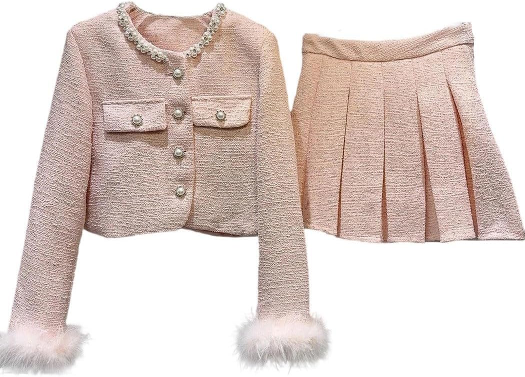 Women's Winter Elegant 2 Piece Set Feather Sleeve Tweed Jacket with Short Pleated Skirt Chic Outfit