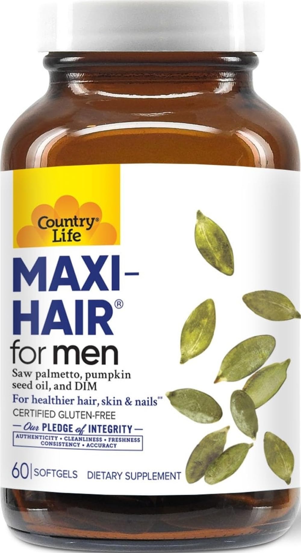 Country Life Maxi-Hair for Men - 2000mcg Biotin, Saw Palmetto, Pumpkin Seed Oil, DIM, Potassium, Magnesium, Calcium & Zinc Blend - Supports Healthier Hair, Scalp, Skin & Nails, 60 Vegan Capsules