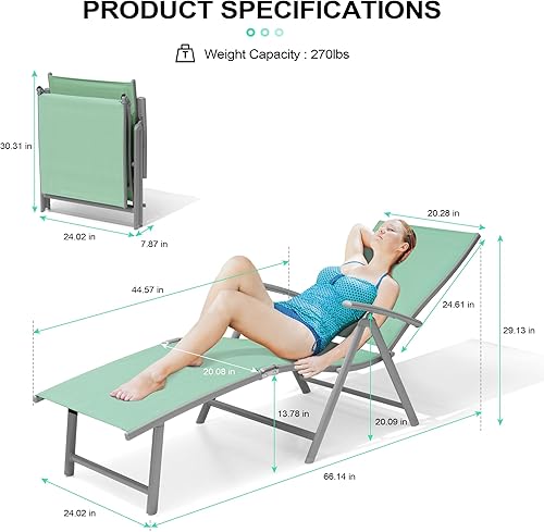 Miniatura 91 de Crestlive Products Juego de 2 tumbonas para exteriores, silla reclinable plegable de aluminio, ajustable 8 posiciones, sin montaje, perfecta