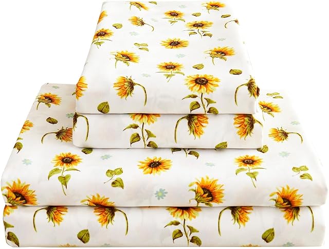 Feuille Florale Set Reine, Feuilles de lit imprimées de tournesol Reine, microfibre brossée avec 15" Poche profonde, feuille de fleurs jaune & Ensembles de caisses d'oreillers