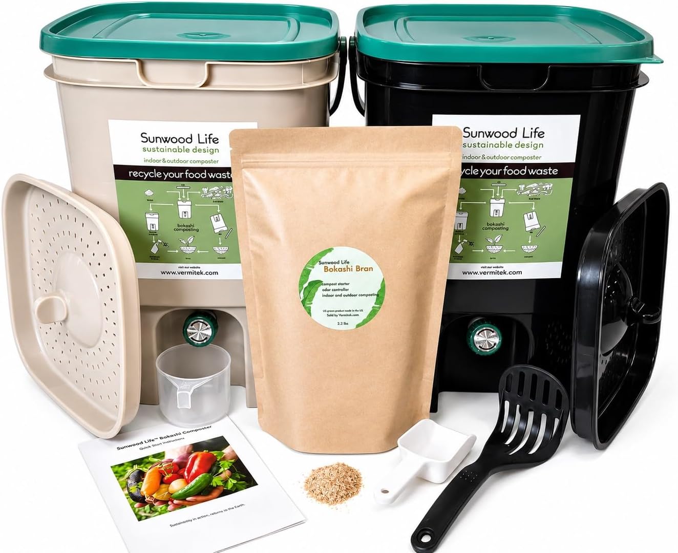 Indoor Bokashi Composter Starter Kit, Beige & Black, 2 Bin