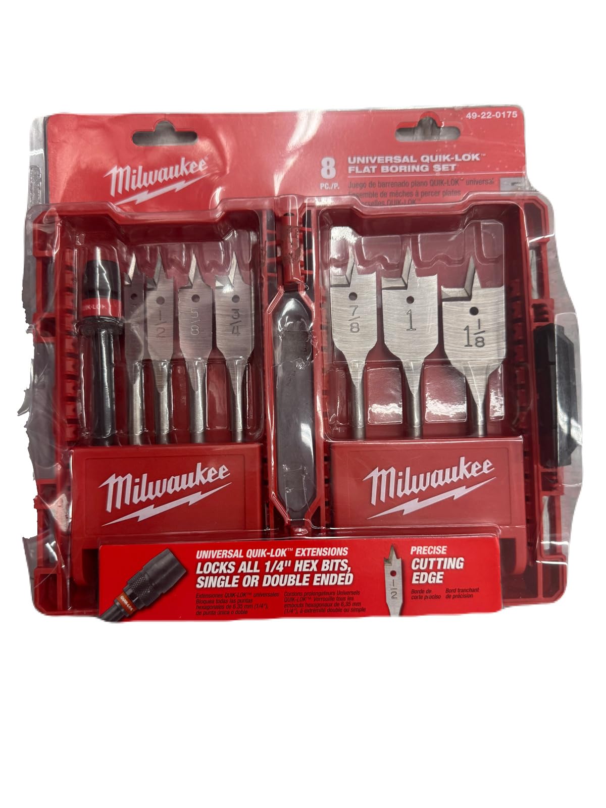 Milwaukee 49-22-0175 8-Piece Universal Quik-Lok Flat Boring Spade Bit Set w/ Carrying Case