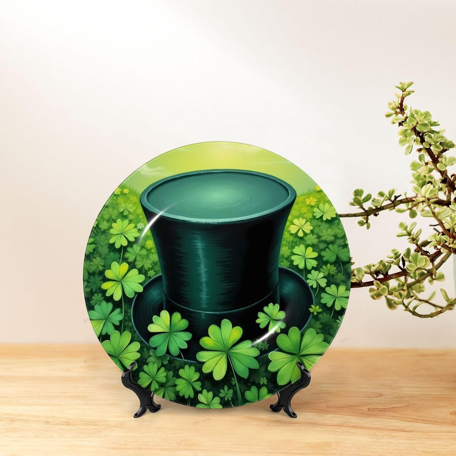 St Patricks Lucky Style Ceramic Plate Display Decorative Plate With Stand Wall Hanging Plate For Home Decor 10 Inch