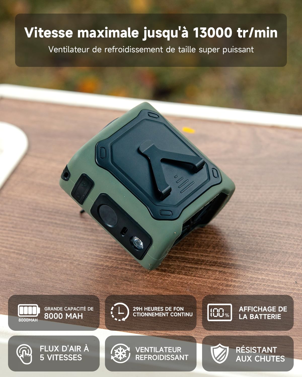 2026 Ventilateur de taille portable rafraîchissant,29H batterie rechargeable 8000mAh USB-C,5 vitesses 13000 tr/min,avec éclairage LED et SOS pour chantier,camping,randonnée,travail,abricot