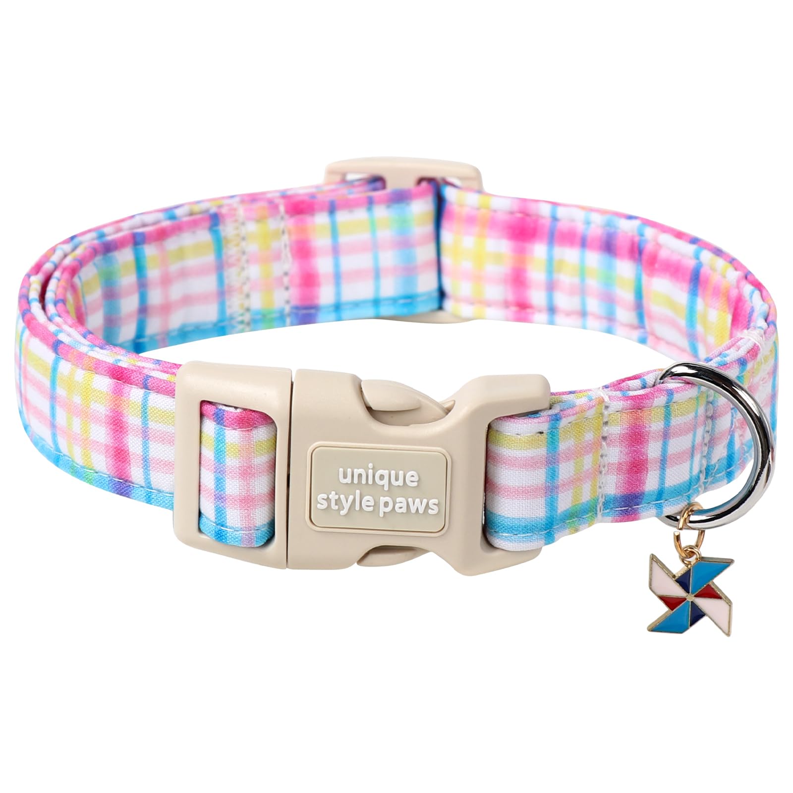 Unique style paws Hundehalsband mit Schnellverschluss aus Baumwolle, kariert, Blau und Rosa, langlebiges und niedliches Geschenk für kleine, mittelgroße und große Hündinnen