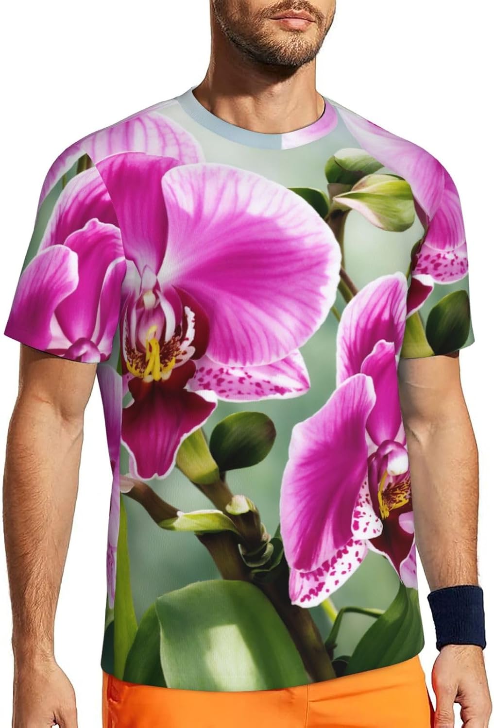 Orchid Print Mens Short Sleeve Mesh T-Shirt Breathable Athletic Gym Running Casual Sports Wear