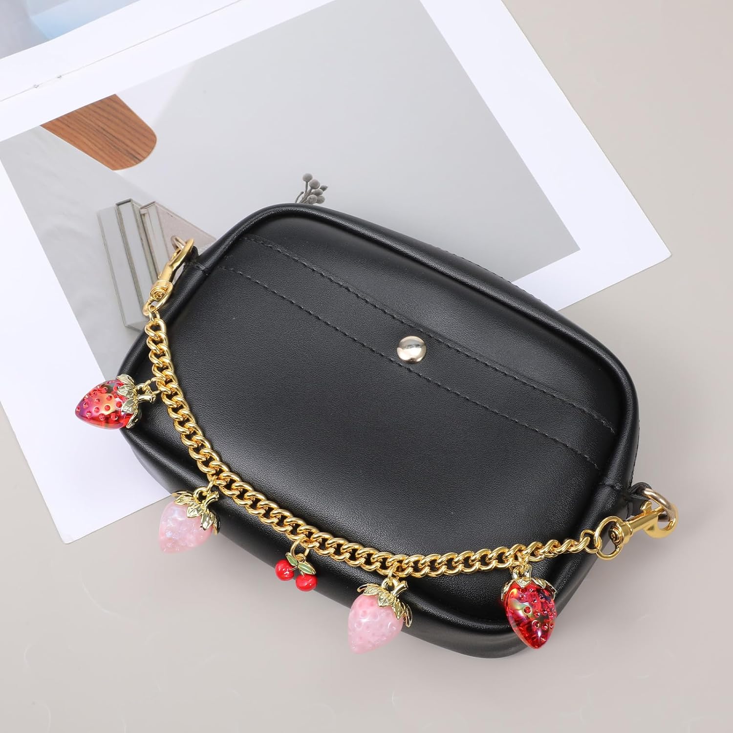 Gold Bag Charm Chain, Strawberry Gold Decorative Bags Chain Purse Charms for Handbags Strawberry Cherry Enamel Pendant for Shoulder Bags, Handbags, Purse - Image 6