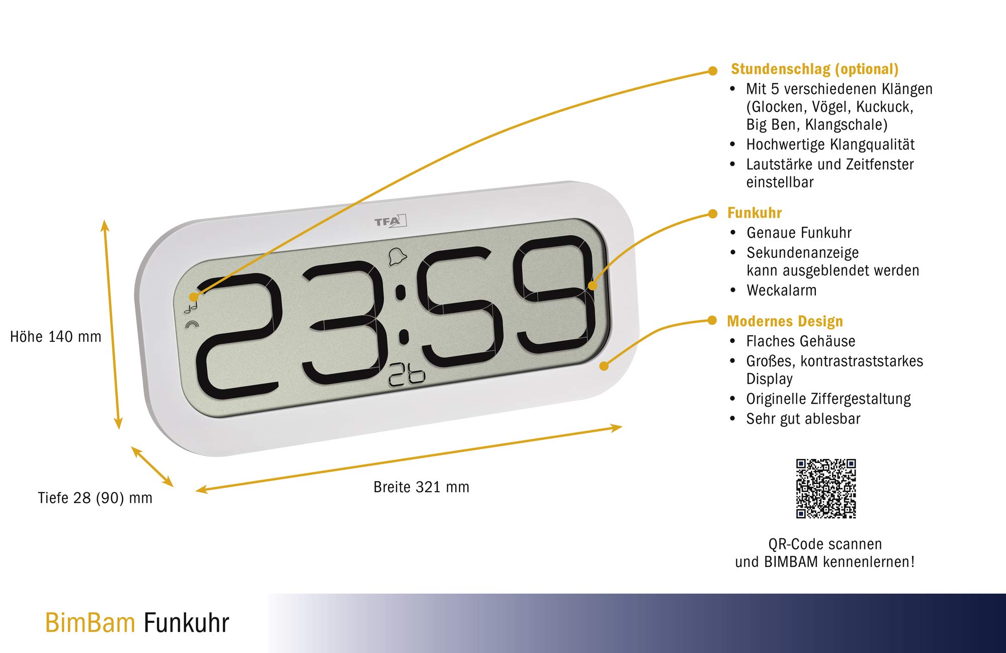 TFA Dostmann Digitale Wanduhr mit Stundenschlag Bim Bam, 60.4514.02, Funkuhr mit 5 verschiedenen Stundenklängen (Big Ben, Vogel, Kuckuck, Glocken, Klangschale), Weckfunktion, LED-Display, weiß