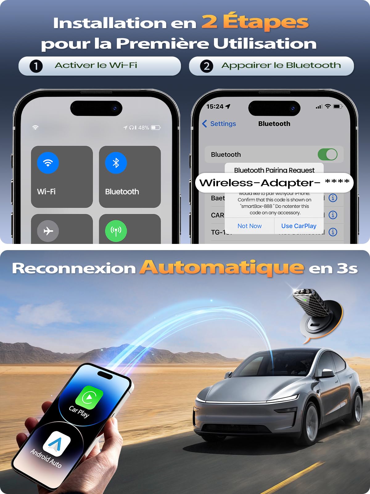 Mini Adaptateur CarPlay sans Fil & Android Auto sans Fil, Fibre de Carbone, Métal USB-A/C, Version Stable, Plug & Play, Voitures 2016+, Compatible avec Apple iPhone (iOS 10+) et Android 10+