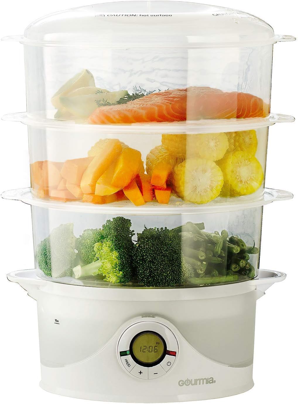 Gourmia GFS300 SteamTower300 Electronic Digital 3 Tier Vegetable and Food Steamer, 9.5 quart, BPA Free - Clear - Free Recipe Book Included