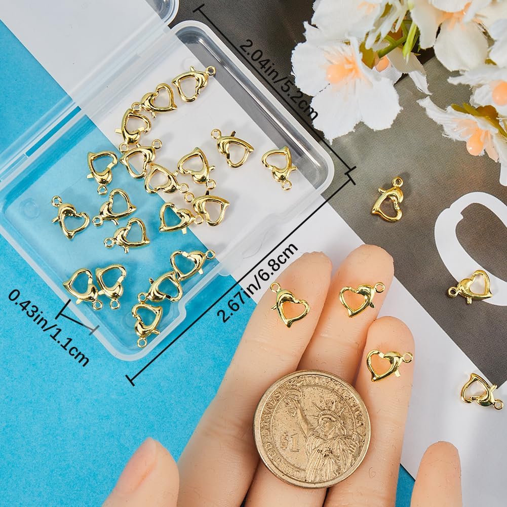 Beebeecraft 1 Box 30Pcs Heart Lobster Clasps 18K Gold Plated Brass Lobster Claw Jewelry Bracelet Clasps Connector with Jump Ring for Valentine's Day DIY Craft Jewellery Making, Small 0.4x0.28in