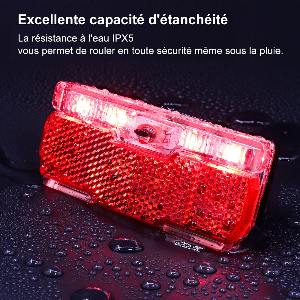 Lumière de Bagages arrière de vélo, avec Deux Modes de stabilisation et de clignotement, Facile à Installer sur Le Support arrière du vélo, Convient pour Pannier avec Trou de 50mm, feu arrière