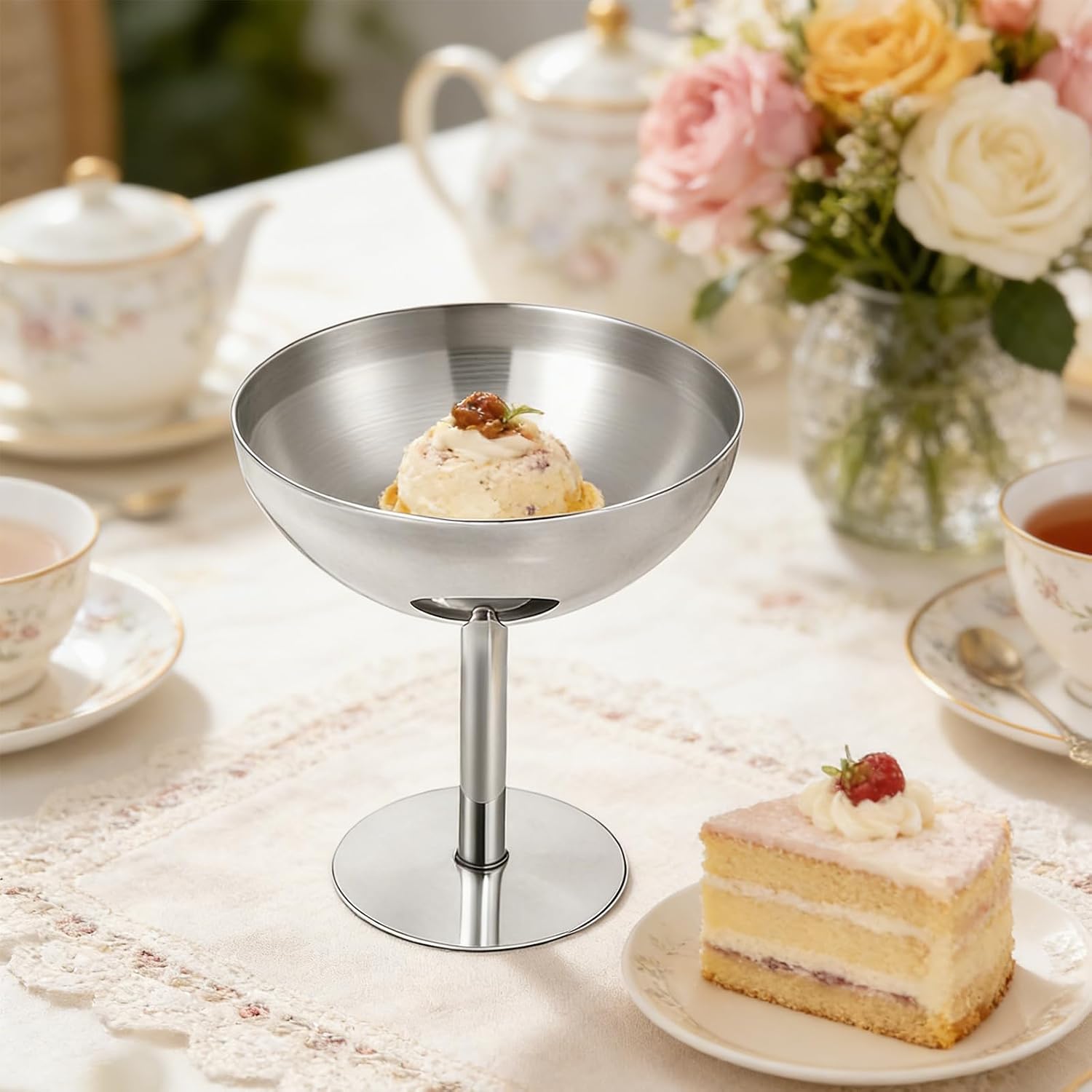 4Pcs Ice Cream Cup, Stainless Steel Serving Dessert Bowls Cups Sauce Bowls Mini Round Footed Yogurt Snack Candy Cups for Salad Fruit Pudding Christmas Party